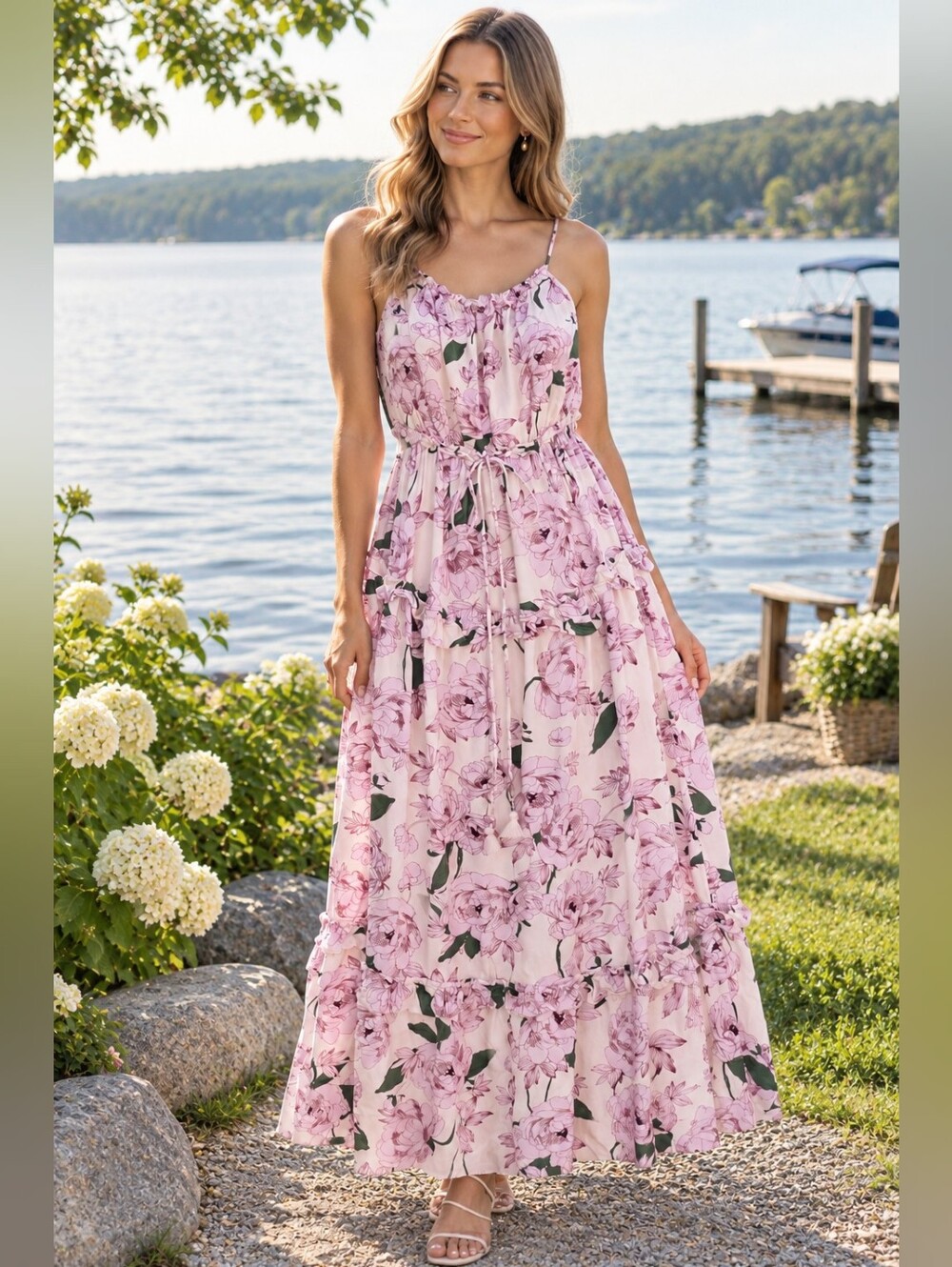 Lost + Wander Pink Floral Tiered Maxi Dress